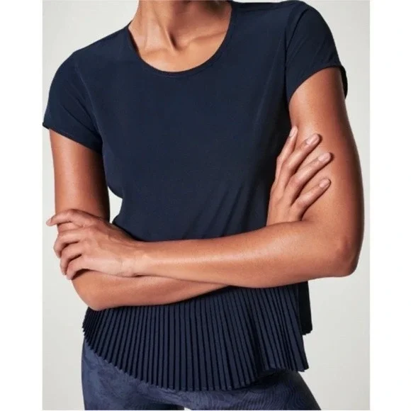 Spanx Yes Pleats Pleated Hem Tee Women Medium Navy Blue Excellent Short Sleeve - Picture 1 of 9